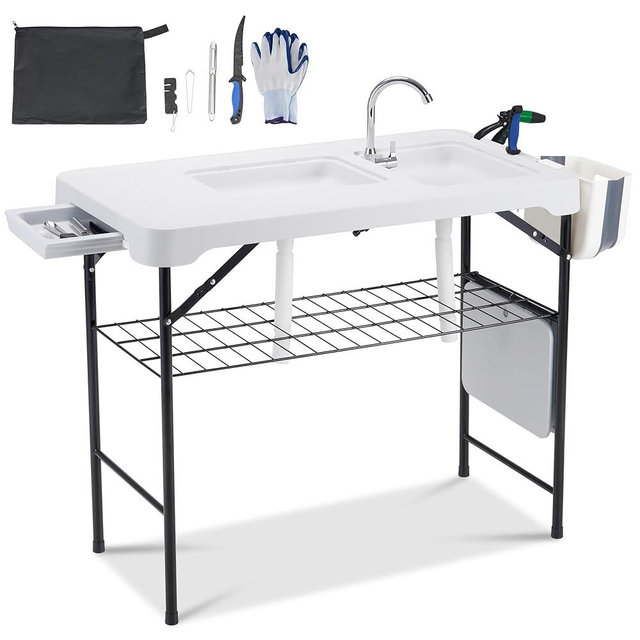 Dragosum 42'' Outdoor Fish Cleaning Table Portable Camping Sink Station with Double Sinks, Collapsible Swivel Faucet, Picnic Sink Table for Picnic Beach Patio
