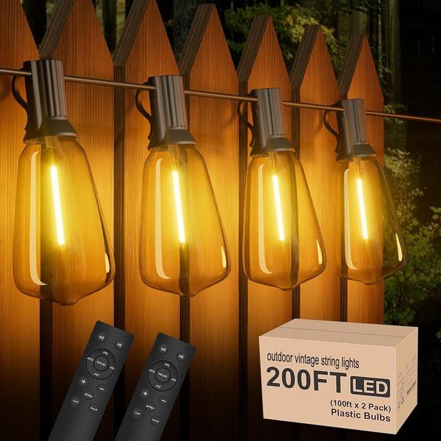 Yuucio Outdoor String Lights 200ft, 2 Pack 100ft Dimmable Patio Lights with Remote,Waterproof Shatterproof String Lights with ST38 Bulbs, Outside Hanging Lights for Balcony Cafe Backyard Bistro