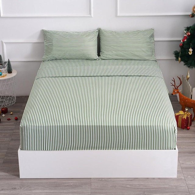 Best Season Queen Size Sheet Set 4 Piece -Pinstripe Microfiber Soft Durable Bedding Sheet Set,Deep Pocket,Stain,Fade & Wrinkle Resistant (Stripe Grass Green)