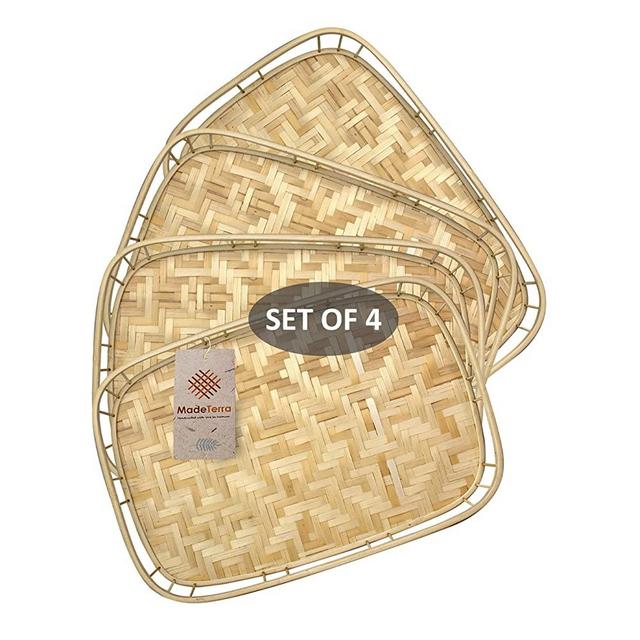 Set of 4 Pack Rectangular Bamboo Wicker Serving Trays with Handles, Handwoven Coffee Trays for Coffee, Breakfast, Bread, Food, Dish and Decorative Trays for Dining Table