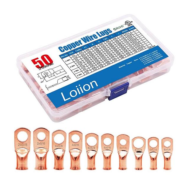 50pcs Copper Wire Lugs,10 Types UL Listed Heavy Duty Wire Lugs Battery Cable Closed Ends Bare Copper Eyelets Tubular Ring Terminal Connectors Assortment Kit