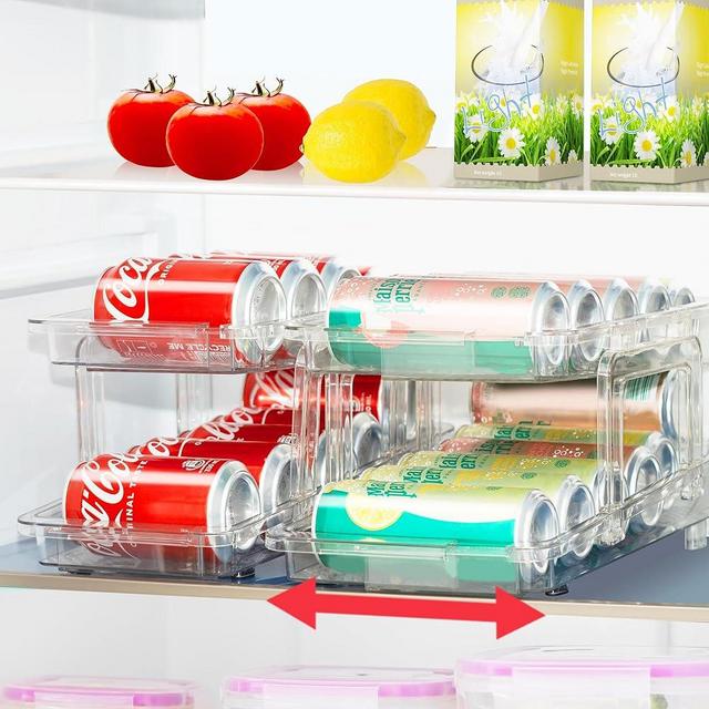 VUSIGN Expandable Soda Can Organizer 2 Pack, Adjustable Width Can Dispenser for Refrigerator 6.1''-9.38'' W, Drink Organizer for Fridge, Can Holder for Standard and Tall Can, Clear