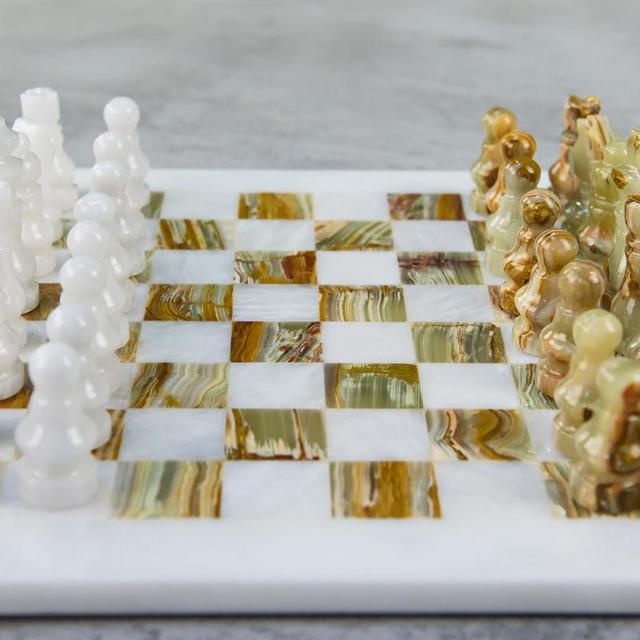 12 Inch White and Green Onyx Marble Chess Set