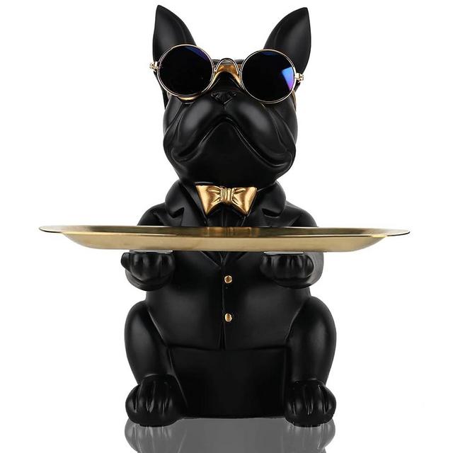 QIANLING Modern Decor Resin Bulldog Tray Statue Piggy Bank Tray Storage Key Holder Candy Jewelry Earrings Tray Suitable for Home Decor Modern Art Dining Table Decor Office Small Object Tray (Black)