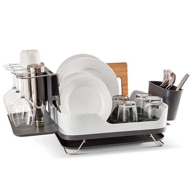 Dash SmartStore™ Full Size Dish Rack – Plates, Cups, Utensil Holder, Knife Slot, Drainage Spout + Drying Mat – White