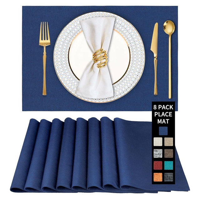 Cloth Placemats Set of 8 - Thickened Navy Blue Table Placemats Set - Heat Resistant Dining Table Place Mats Washable Kitchen Table Mats Set of 8, 18x12 inch, Easy to Clean(Blue)