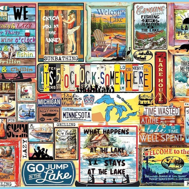 White Mountain 1000 Piece Jigsaw Puzzle Lake Lover Quote Collage Puzzles with Large Pieces Gift for Adults and Family 24"x30" - Lake Time