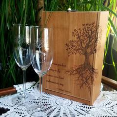 Champagne Flute Glass Gift Set with Cherry Wood Box