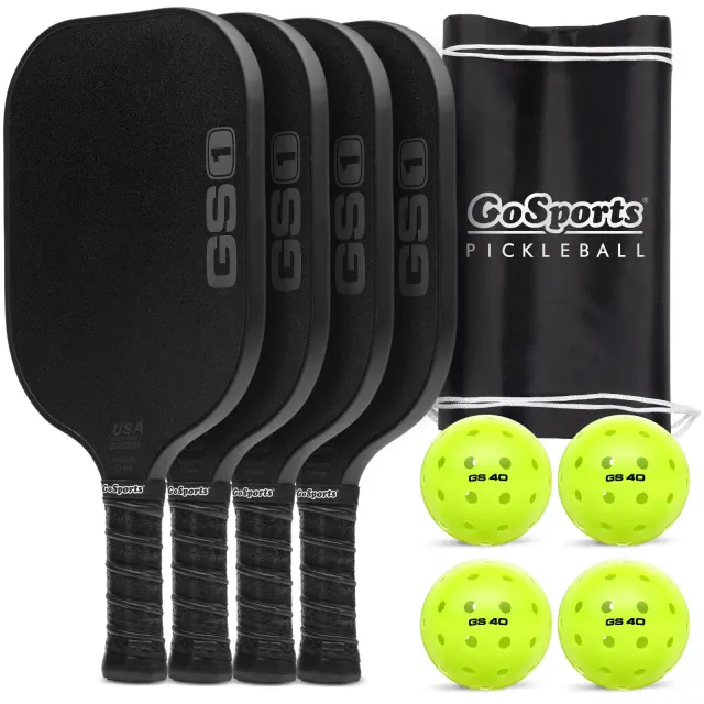 GoSports GS1 Pickleball Paddles Set of 4 with 4 Pickleballs - USAPA Approved Fiberglass Pickleball Paddles