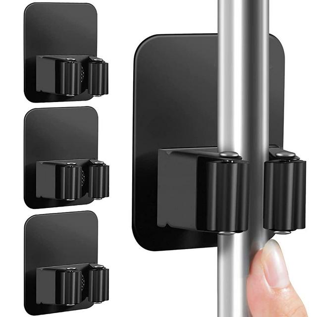 DOMAXCAI 4 Pack Broom Holder Wall Mount, Improved Broom Holder, Super Anti-Slip Mop and Broom Holder Wall Mount, Broom Hanger Gripper for Kitchen, Bathroom, Closet, Garden Garage, Black
