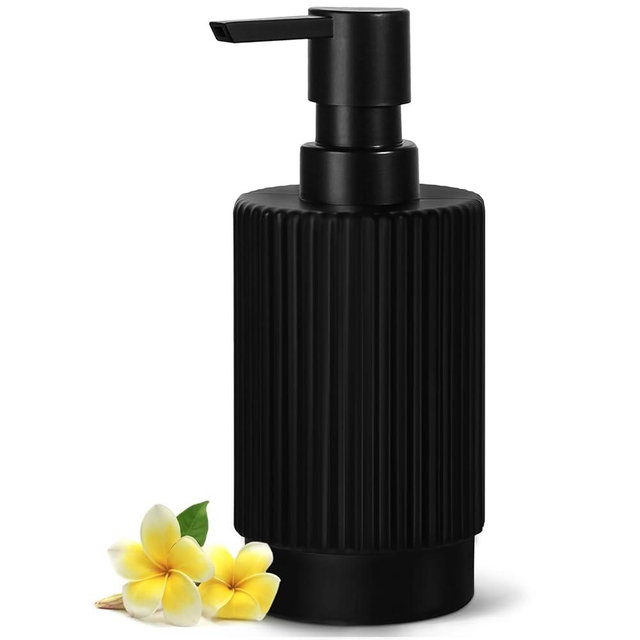 VIMERPA Black Soap Dispenser, 11 fl oz Hand Soap Dispensers for Bathroom, Matte Black Ribbed Glass Dish Soap Dispenser for Kitchen with Pump, Modern Refillable Liquid Soap Pump Bottle