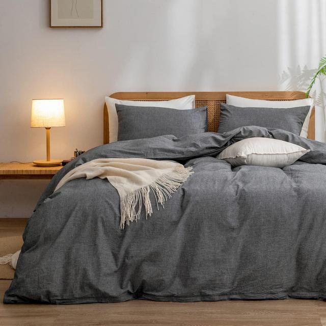 BESTOUCH Duvet Cover Set 100% Washed Cotton Linen Feel Super Soft Comfortable Chic Lightweight 3 PCs Home Bedding Set Solid Black Queen
