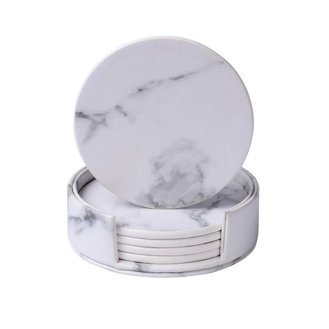 Leather Coasters with Holder Set,Coasters for Drinks,Round Cup Mat Pad for Home and Kitchen Use (Marble)