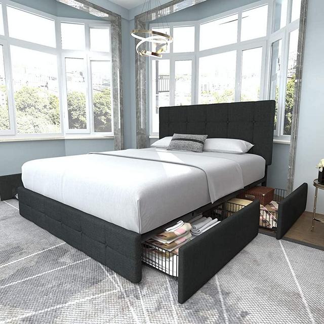 Allewie Upholstered King Platform Bed Frame with 4 Drawers Storage and Headboard, Square Stitched Button Tufted Upholstered Mattress Foundation with Wood Slat Support, No Box Spring Needed, Dark Grey