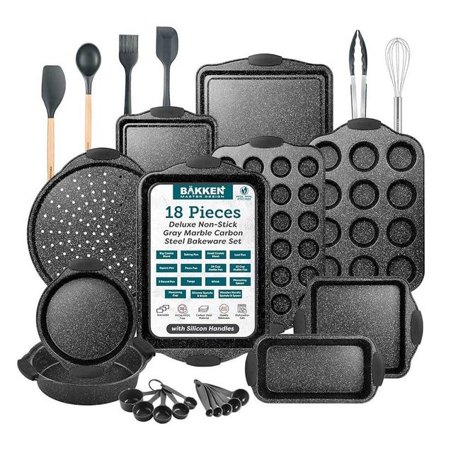BAKKEN 18-Piece Kitchen Oven Baking Set: Nonstick Gray Marble Coating, Carbon Steel Bakeware, Silicone Handles, Dishwasher Safe, Professional Quality, PFOA-Free