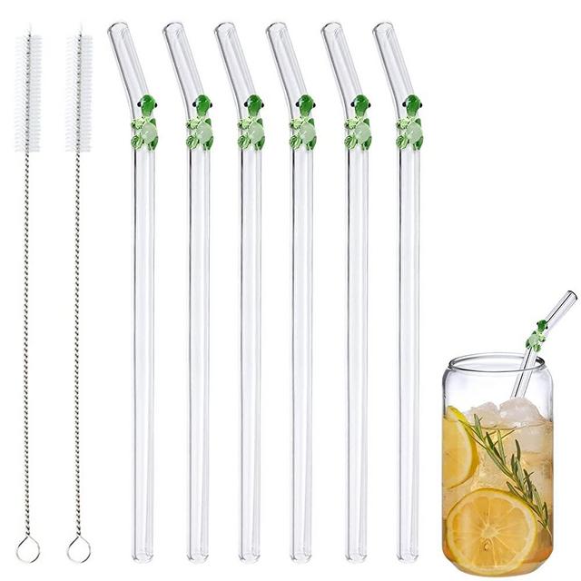 6 Pcs Glass Straws Shatter Resistant,Cute Green Turtle on Clear Straws With Design 7.9in X 8mm Reusable Bent Drinking Straws with 2 Cleaning Brushes for Beverages,Shakes,Smoothies, Cocktails