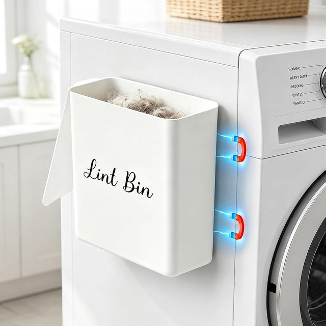 DIRZHX Magnetic Lint Bin with Lid for Laundry Room, Compact Plastic Dryer Lint Holder, Small Laundry Trash Container for Dryer Lint & Used Dryer Sheets, Space Saving Storage Decor Organizer (White)