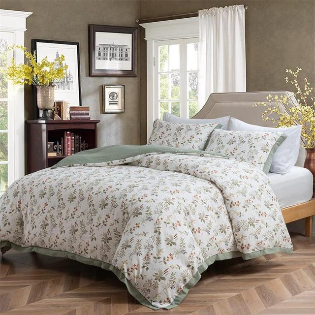 MKXI Plant Duvet Cover Queen Sage Green Floral Comforter Cover White Duvet Covers Leaves Printed 3 Piece Botanical Bedding Set Garden Style