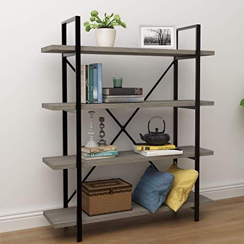 45MinST 4-Tier Vintage Industrial Style Bookcase/Metal and Wood Bookshelf Furniture for Collection,Gray Oak/Brown, 3/4/5 Tier (4-Tier)