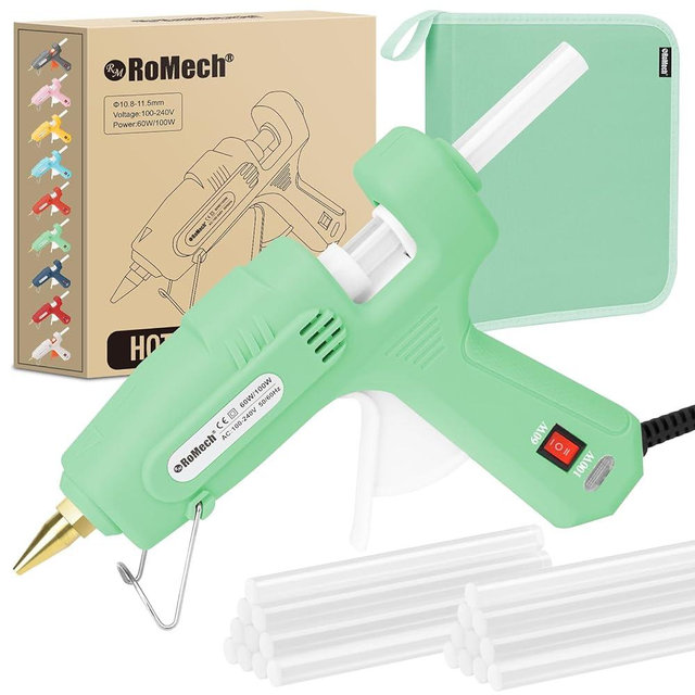 ROMECH Full Size Hot Glue Gun with 60/100W Dual Power and 21 Hot Glue Sticks (7/16"), Fast Preheating Heavy Duty Industrial Gluegun with Storage Case for Crafting, DIY and Repairs (Light Green)