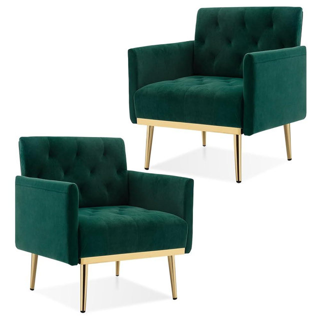 DecoraFlex Green Velvet Accent Chairs Set of 2, Comfy Button Tufted Armchair, Upholstered Arm Chair Single Sofa Reading Chairs with Arms and Gold Metal Leg for Living Room Bedroom Nursery Office