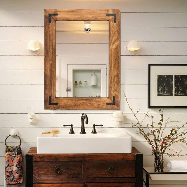 Rustic Wooden Framed Wall Mirror, Natural Wood Bathroom Vanity Mirror for Farmhouse Decor, Vertical or Horizontal Hanging, 32" x 24", Brown