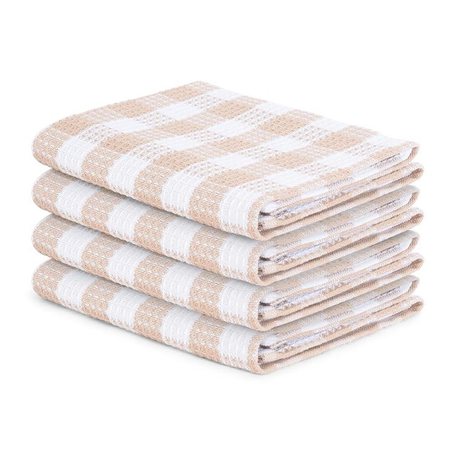 Blue Needles Waffle Weave Check Plaid Kitchen Towels, 15x25 Inches 100% Cotton Set of 4 Dish Towels for Kitchen, Ultra Soft & Absorbent for Quick Drying with Hanging Loop Spring Summer - Beige & White