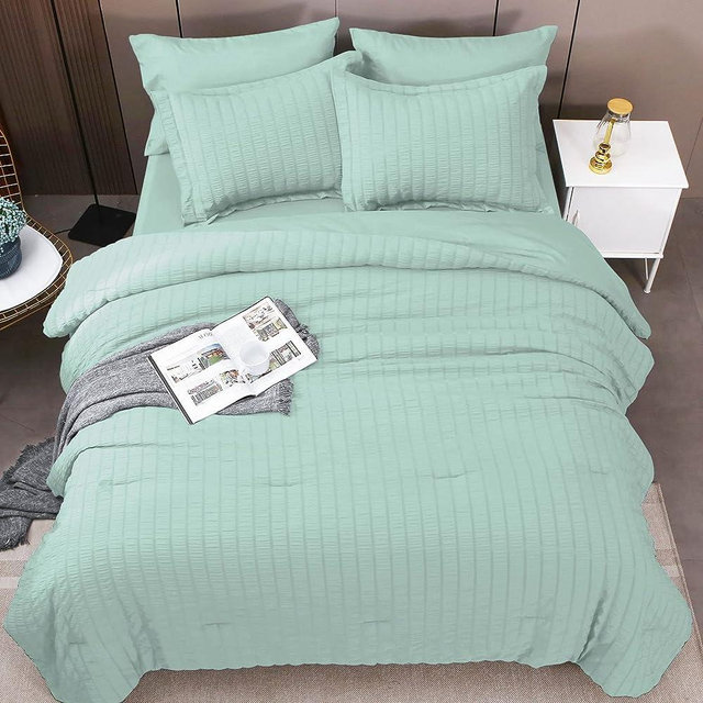 HYMOKEGE Green Queen Comforter Set Seersucker 7 Pieces, All Season Luxury Bed in a Bag for Bedroom, Bedding Set with Comforters, Sheets, Pillowcases & Shams