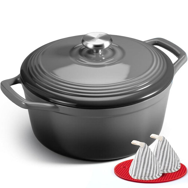 Overmont Enameled Cast Iron Dutch Oven - 5.5QT Pot with Lid Cookbook & Cotton Potholders - Heavy-Duty Cookware for Braising, Stews, Roasting, Bread Baking Grey
