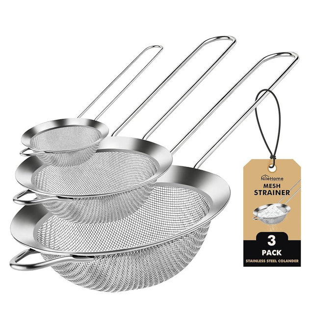 NileHome 3 Piece Mesh Strainers, Stainless Steel Strainer for Sifting, Straining, Cooking Kitchen Strainers Fine Mesh for Flour, Pasta, Loose Tea, Fruit, and Rice, Silver