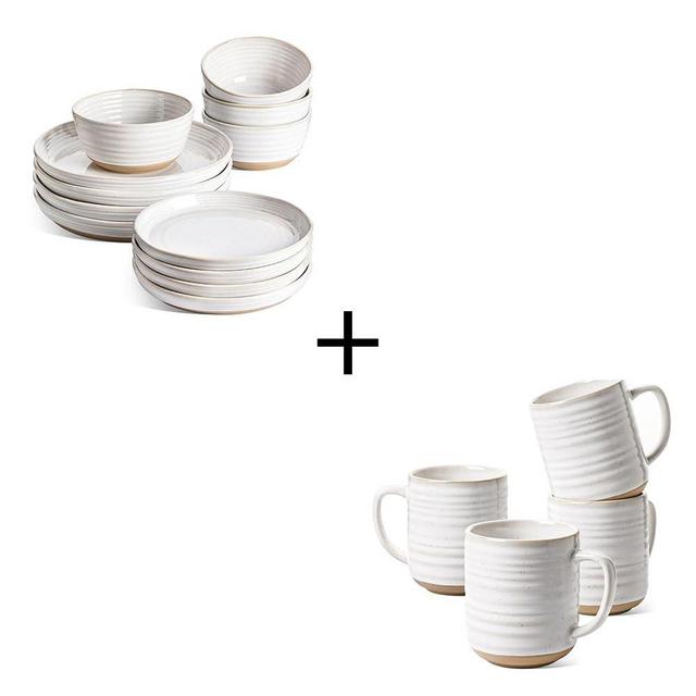 LE TAUCI Dinnerware Sets 12 PCS, Oven safe, Arctic White + Coffee Mugs 12 oz - Set of 4, Arctic White