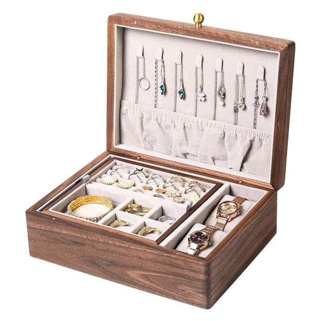 EURIELK Wooden Jewelry Box, Two Layer Medium Size Real Natural Solid Walnut Wood, Vintage Organizer with Earring Storage, Ring Compartments, Built in Necklace Hooks, Watch Cushions, ek16-m-grey
