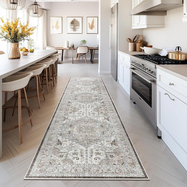 Madane Washable Runner Rug - 2x8 Runners for Hallways Kitchen Non-Slip Runner Rugs Ultra-Thin Laundry Room Rug Throw Carpet Runner for Entrance Living Dinning Room Foyer (Brown/Ivory, 2 x 8)