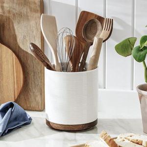 Utensil Holder, 360° Rotating Extra Large Ceramic Kitchen Utensil Holder for Countertop, 7.3“ Cooking Utensil Crocks for Kitchen Counter with Rotatable Wooden Base, Farmhouse Decor, White
