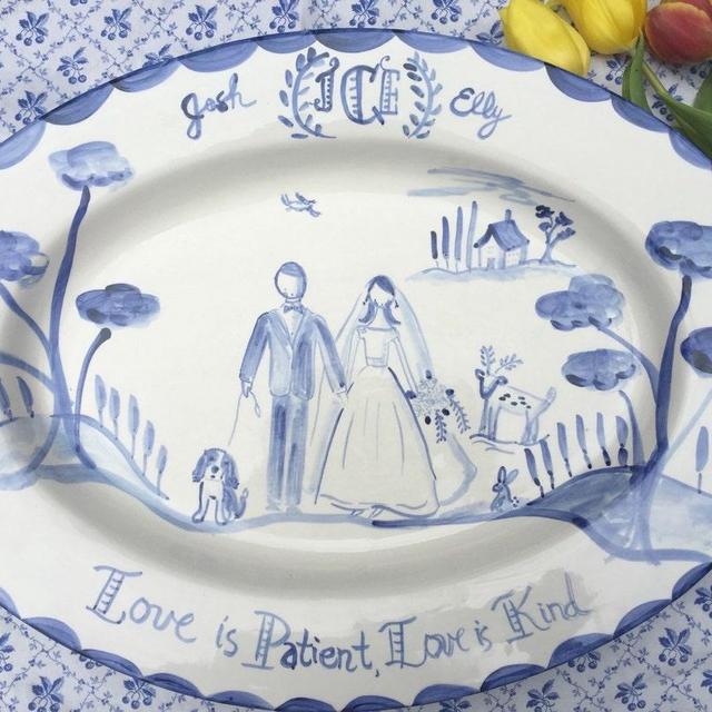 Ceramic Wedding Platter, Blue and White ,Wedding Gift ,Personalized Wedding Portrait, Handpainted Wedding Platter, Gift for Newlywed
