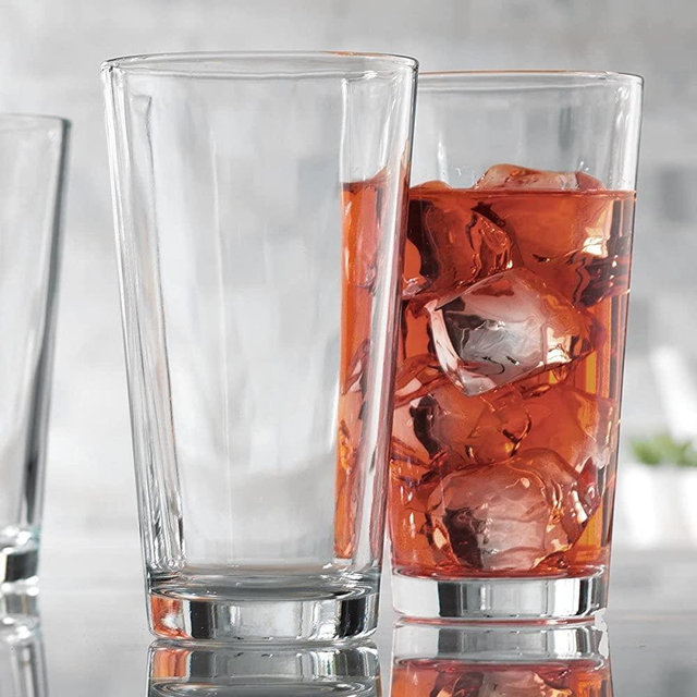 Drinking Glasses Set of 4 Highball Glass Cups 17 oz By Home Essentials & Beyond Beverage Cooler Glassware Uses for Bar Glasses, Water, Beer, Juice, Iced Tea, Cocktails, Dishwasher Safe.