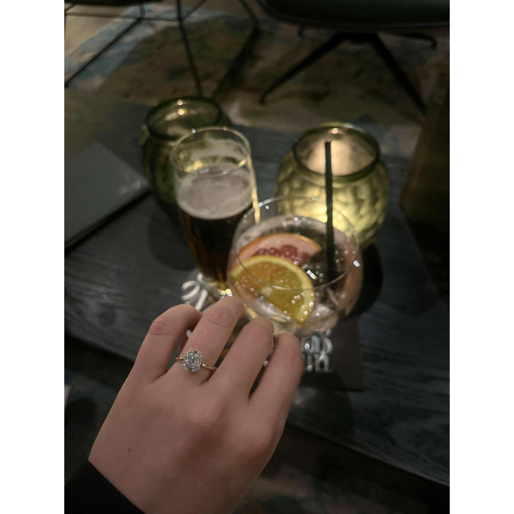 Celebratory drink after popping the question.