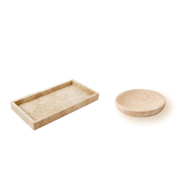 PHINILUX Round Travertine Tray for Jewelry, Marble Trinket Dish Tray,Marble Vanity Tray (12x6in), Counter Organizer for Bathroom,
