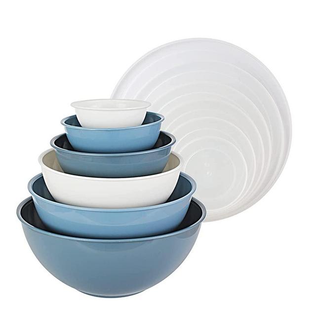COOK WITH COLOR Mixing Bowls with Lids - 12 Piece Plastic Nesting Bowls Set includes 6 Prep Bowls and 6 Lids, Microwave Safe Mixing Bowl Set (Denim)