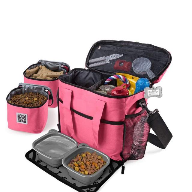 Mobile Dog Gear, Week Away Dog Travel Bag for Medium and Large Dogs, Includes Lined Food Carriers and 2 Collapsible Dog Bowl, Pink, Meets Airline Requirements