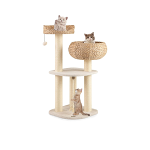 41 Inch Modern Cat Tree for Indoor Cats, Multi-Level Cute Cat Tree with Scratching Posts, Hand-Made Wicker Cat Condo & Top Perch, Dangling Ball, and Sisal Rope, Beige
