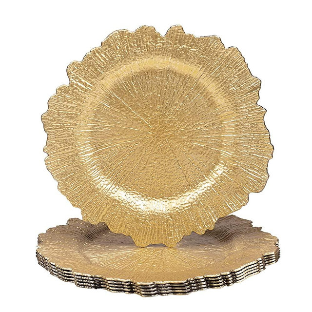 MAONAME 13" Round Gold Charger Plates, Reef Chargers for Dinner Plates, Plastic Plate Chargers for Wedding, Table Decor, Set of 6