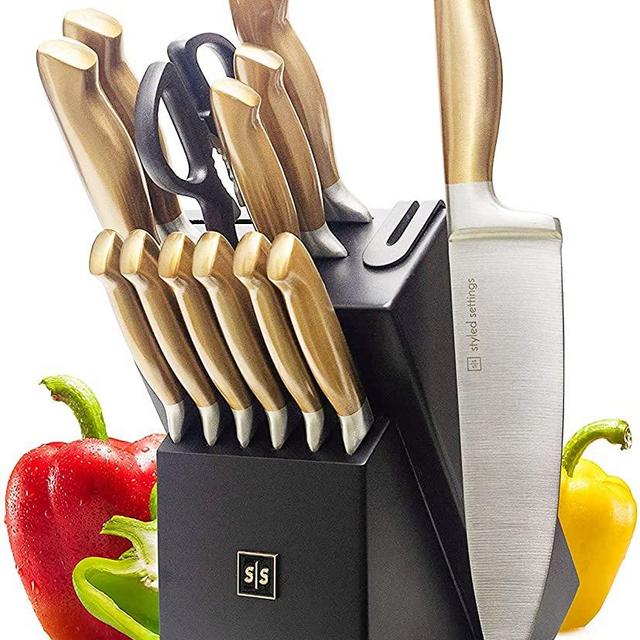 Gold Knife Set with Block - 14 Piece Premium Kitchen Knife Set with Sharpener includes Full Tang Gold Knives and Self Sharpening Knife Block Set, Black & Gold Kitchen Accessories
