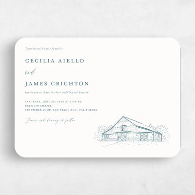 Blue Rounded Wedding Invitation - Millbrook Landscape
