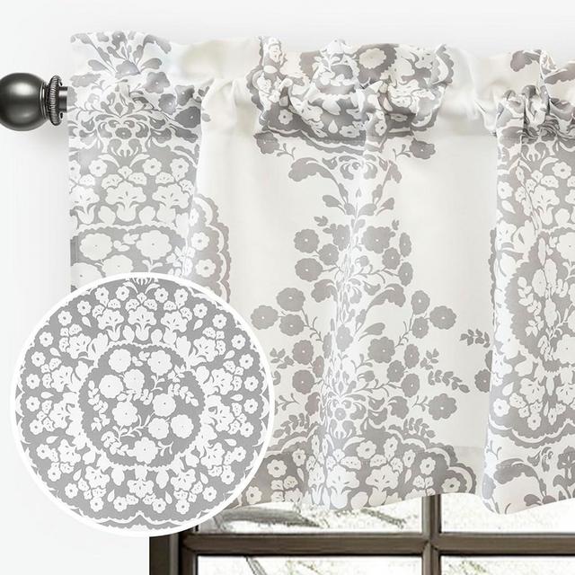 DriftAway Damask Curtains Valances for Windows Farmhouse Style Floral Medallion Patterned Samantha Kitchen Bedroom Livingroom Valance Curtain Single 52 Inch by 18 Inch Plus 2 Inch Header Gray