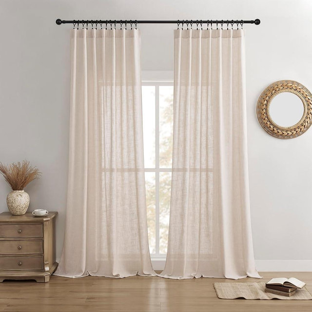 Joydeco Linen Curtains for Living Room,Semi Sheer Drapes Window Long Curtains 90 inches Long Pink Beige