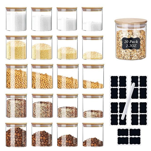 Spice Jars, XSIUYU 2.7 OZ Glass Storage Jars with Bamboo Airtight Lids, Labels and Pen, Dishwasher Safe, Food Storage Jars Kitchen Canister for Home Pantry Tea Coffee Flour Herbs Beans Salt Grains Sugar (20 Pack-2.7oz)
