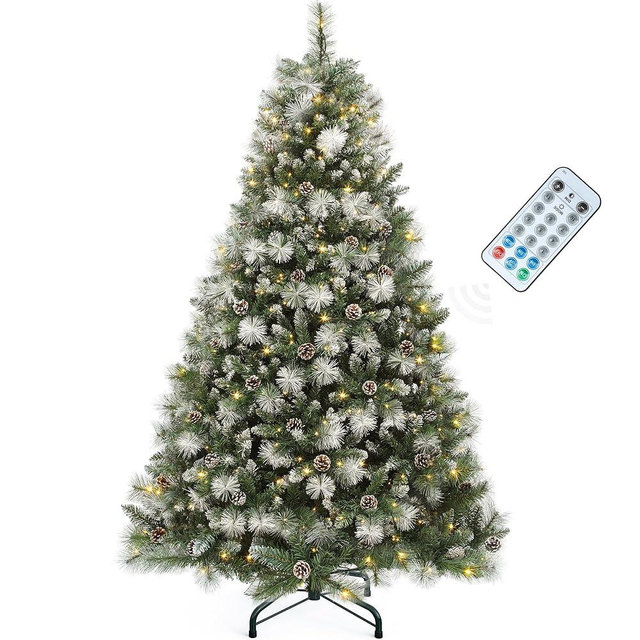 YITAHOME 6ft Prelit & Pre-Decorated Scotch Pine Christmas Tree with Remote Control, Frosted Christmas Tree with Pine-Cones & Needles, Warm White/Multicolor Changing Lights for Home/Office