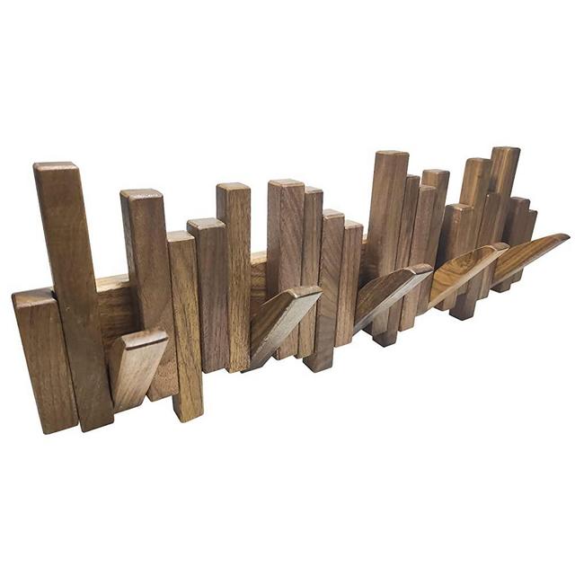 Desainoph Wooden Coat Rack Wall Mounted Sticks Multi Rack Solid Handmade Natural Wood Artwork with 5 Flip-Down Unique Modern Hooks for Coats Bag Hat Umbrella