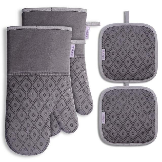 Oven Mitts and Pot Holders 4pcs Set, Kitchen Oven Glove High Heat Resistant Extra Long Oven Mitts and Potholder with Non-Slip Silicone Surface for Cooking, Baking (Gray)